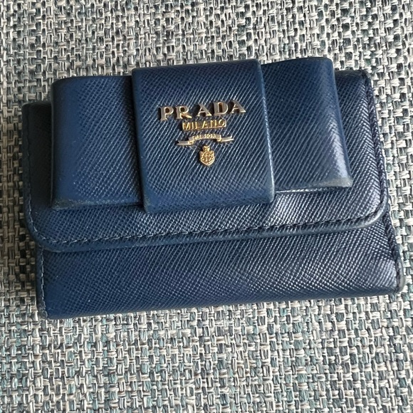 Prada Textured Blue Key and Card Holder 
with Gold Logo - Picture 1 of 8